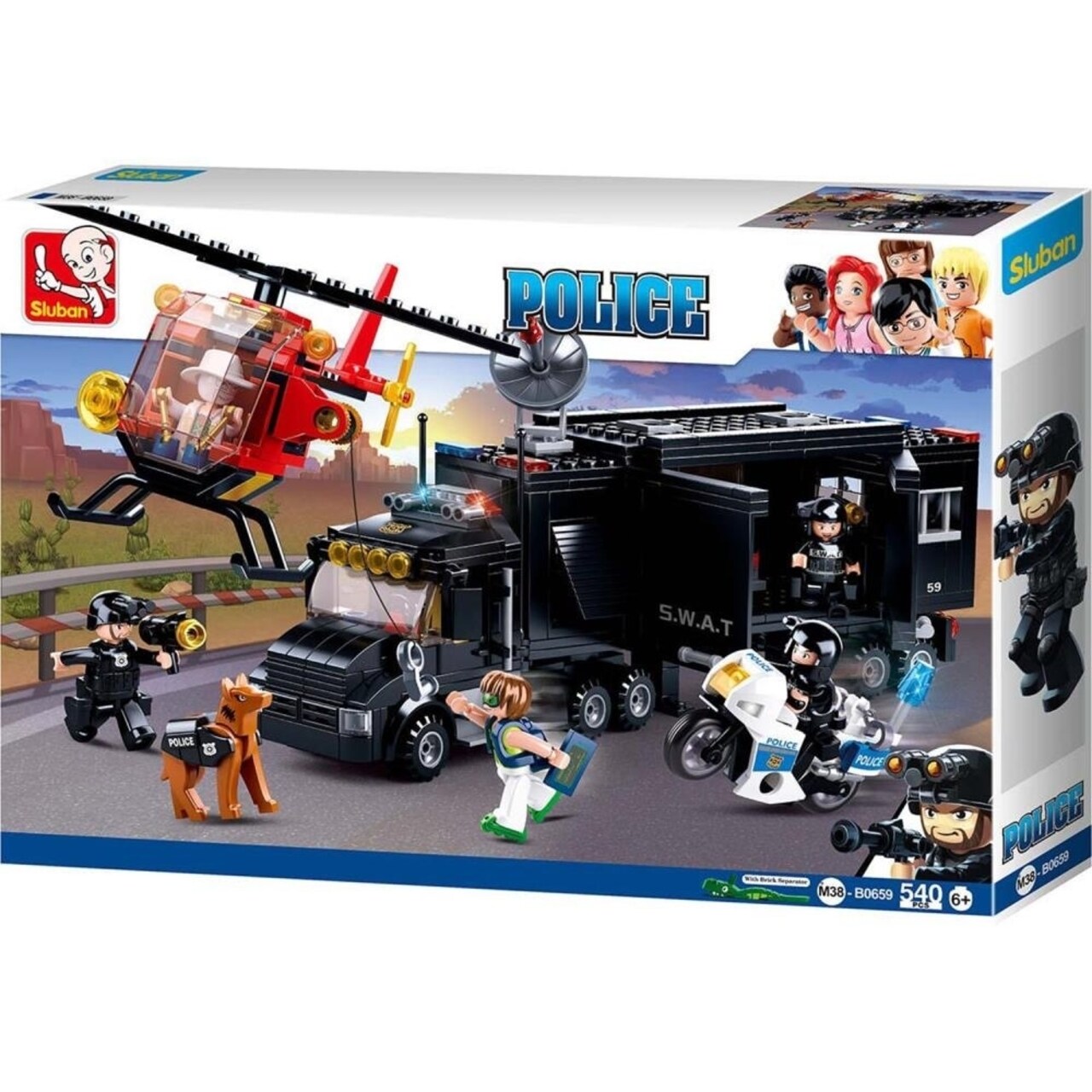 Sluban Kids Swat Police Mobile Command Center Helicopter Motorcycle K9 Dog Building Blocks 540 Pcs Set Building Toy